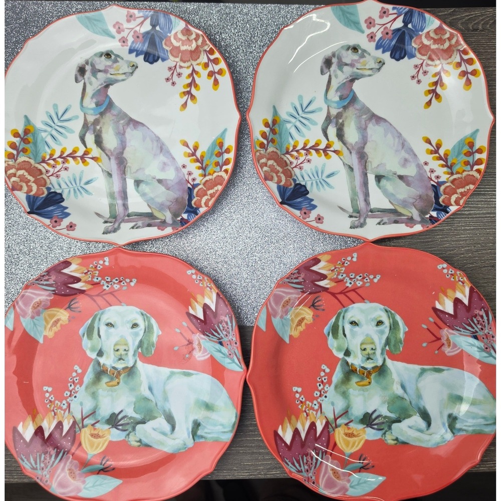 One Hundred 80 Degrees Dog Porcelain Plates Set of 4 Greyhound Weimaraner Floral